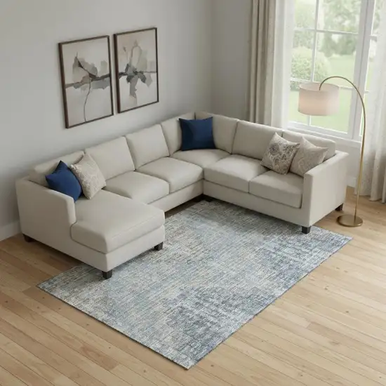 Denim Blue And Ivory Geometric Washable Area Rug With UV Protection Photo 2