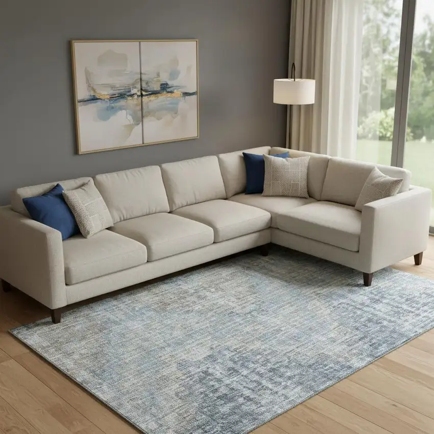 Denim Blue And Ivory Geometric Washable Area Rug With UV Protection Photo 2