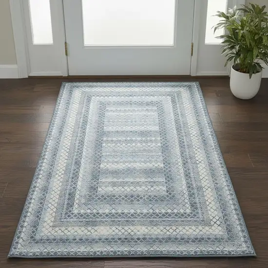 Denim Blue And Ivory Geometric Washable Area Rug With UV Protection Photo 2