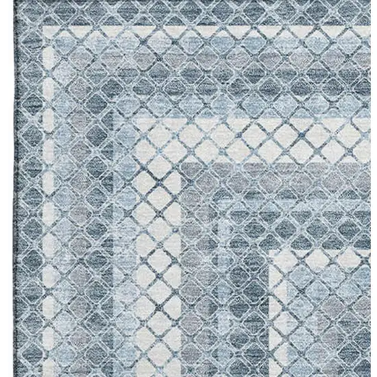 Denim Blue And Ivory Geometric Washable Area Rug With UV Protection Photo 3