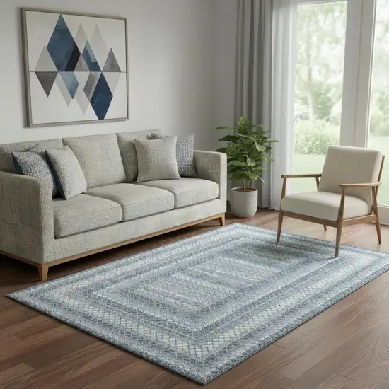 Denim Blue And Ivory Geometric Washable Area Rug With UV Protection Photo 2