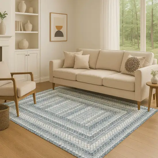 Denim Blue And Ivory Geometric Washable Area Rug With UV Protection Photo 5