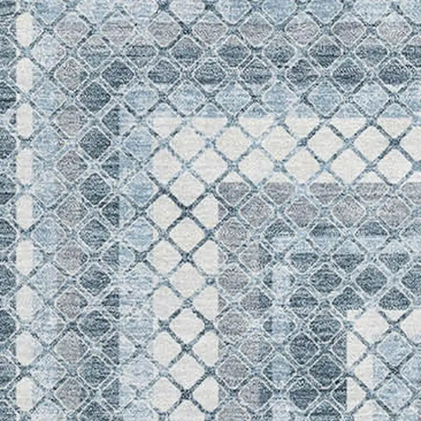 Denim Blue And Ivory Geometric Washable Area Rug With UV Protection Photo 3