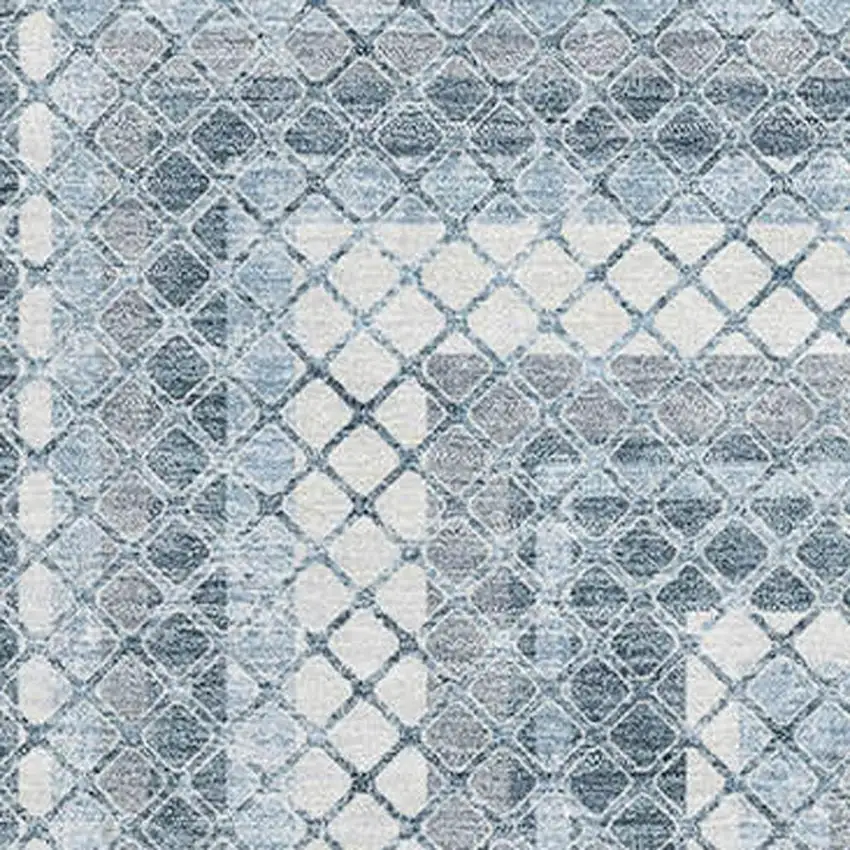Denim Blue And Ivory Geometric Washable Area Rug With UV Protection Photo 3