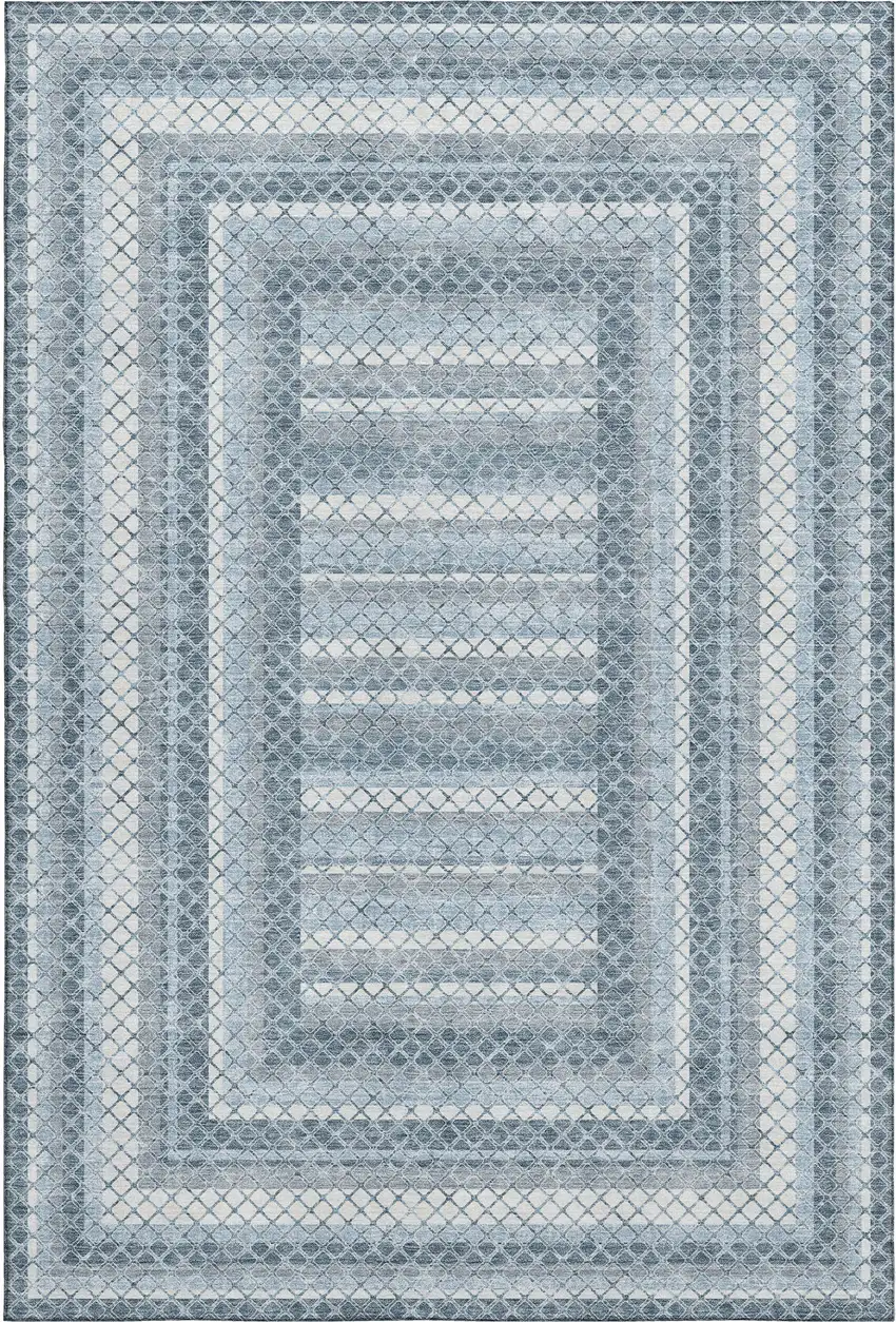 Denim Blue And Ivory Geometric Washable Area Rug With UV Protection Photo 1
