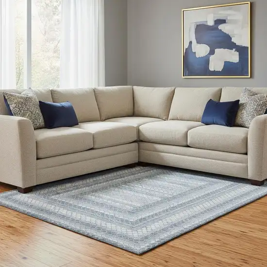 Denim Blue And Ivory Geometric Washable Area Rug With UV Protection Photo 2