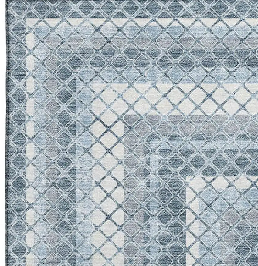 Denim Blue And Ivory Geometric Washable Area Rug With UV Protection Photo 4