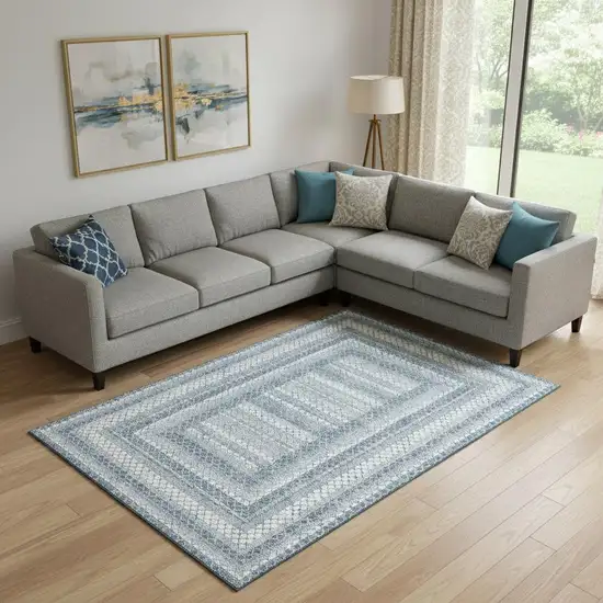 Denim Blue And Ivory Geometric Washable Area Rug With UV Protection Photo 2