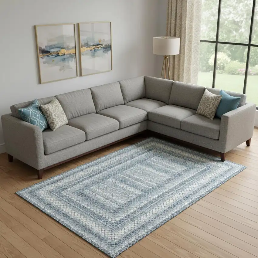 Denim Blue And Ivory Geometric Washable Area Rug With UV Protection Photo 2