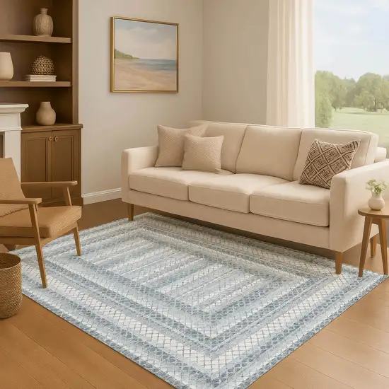 Denim Blue And Ivory Geometric Washable Area Rug With UV Protection Photo 6
