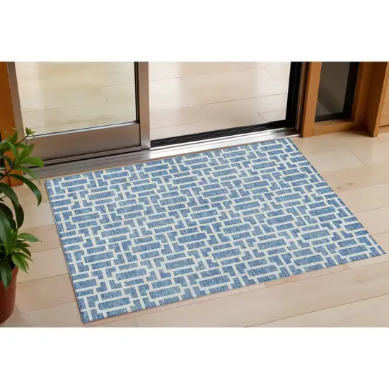 Denim Blue And Ivory Geometric Washable Indoor Outdoor Area Rug Photo 1