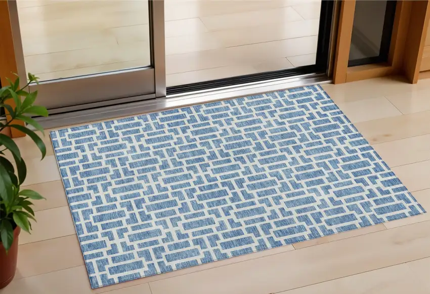 Denim Blue And Ivory Geometric Washable Indoor Outdoor Area Rug Photo 1