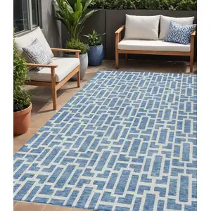 Photo of Denim Blue And Ivory Geometric Washable Indoor Outdoor Area Rug