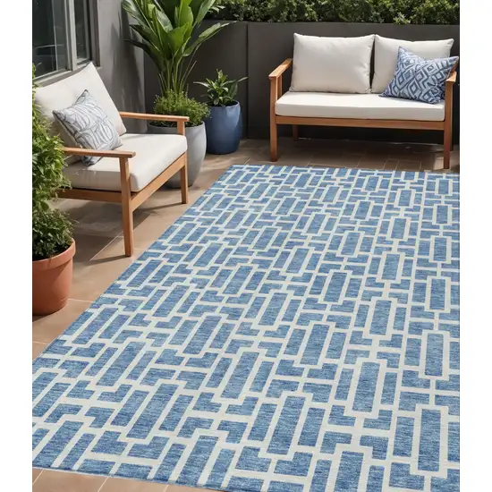 Denim Blue And Ivory Geometric Washable Indoor Outdoor Area Rug Photo 1