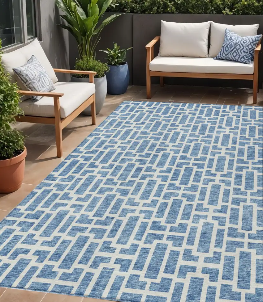 Denim Blue And Ivory Geometric Washable Indoor Outdoor Area Rug Photo 1