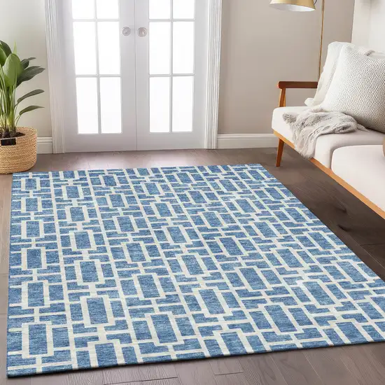 Denim Blue And Ivory Geometric Washable Indoor Outdoor Area Rug Photo 9