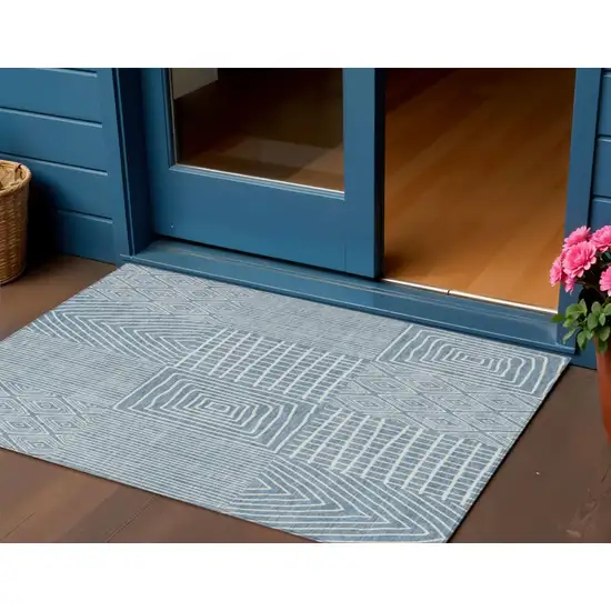 Denim Blue And Ivory Geometric Washable Indoor Outdoor Area Rug Photo 1