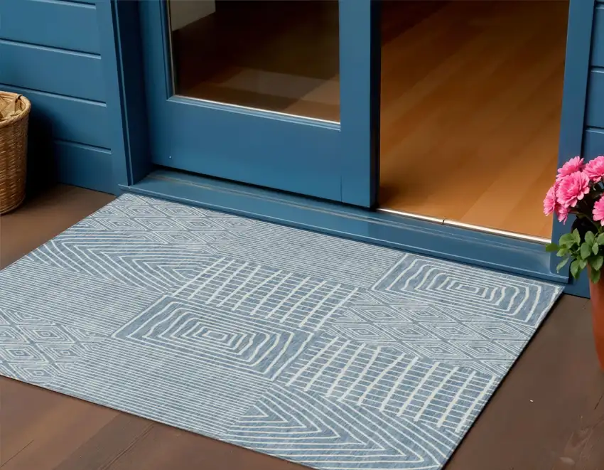 Denim Blue And Ivory Geometric Washable Indoor Outdoor Area Rug Photo 1