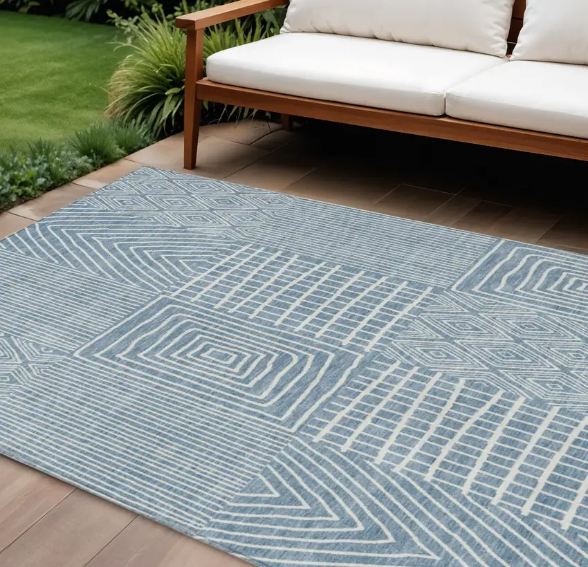 Denim Blue And Ivory Geometric Washable Indoor Outdoor Area Rug Photo 1