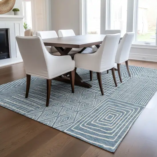 Denim Blue And Ivory Geometric Washable Indoor Outdoor Area Rug Photo 9