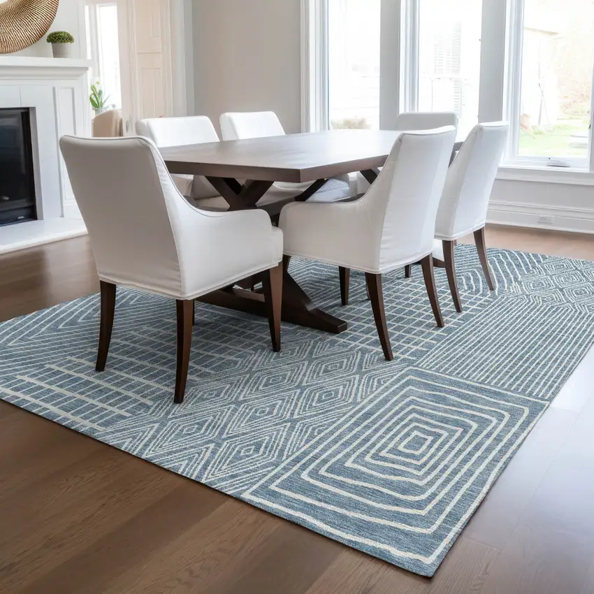 Denim Blue And Ivory Geometric Washable Indoor Outdoor Area Rug Photo 8