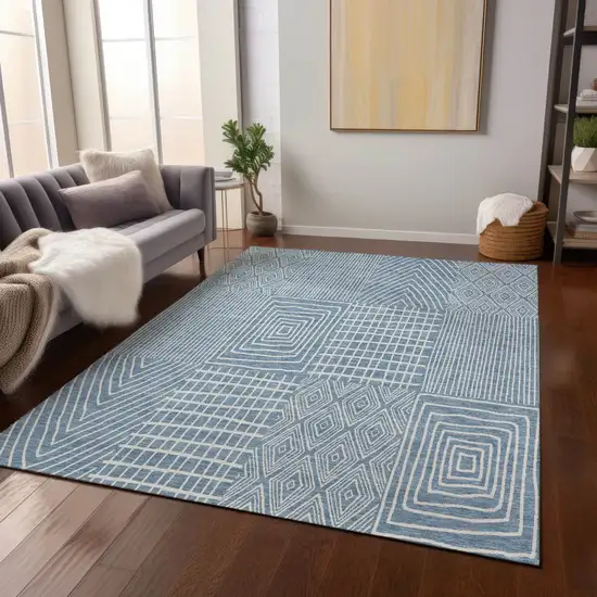 Denim Blue And Ivory Geometric Washable Indoor Outdoor Area Rug Photo 7