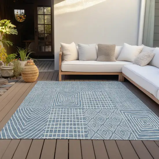 Denim Blue And Ivory Geometric Washable Indoor Outdoor Area Rug Photo 6