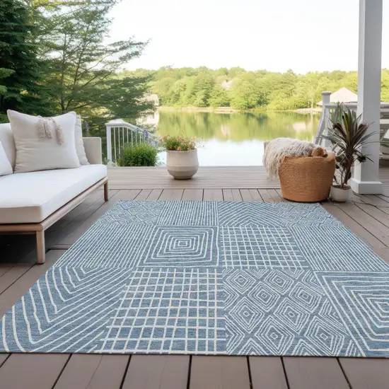 Denim Blue And Ivory Geometric Washable Indoor Outdoor Area Rug Photo 9