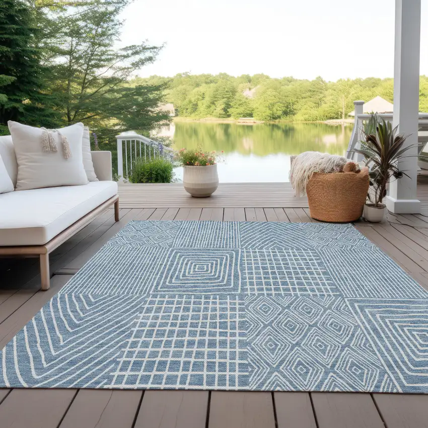 Denim Blue And Ivory Geometric Washable Indoor Outdoor Area Rug Photo 9