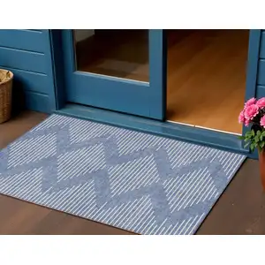 Photo of Denim Blue And Ivory Geometric Washable Indoor Outdoor Area Rug
