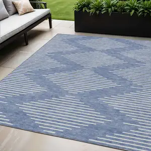 Photo of Denim Blue And Ivory Geometric Washable Indoor Outdoor Area Rug