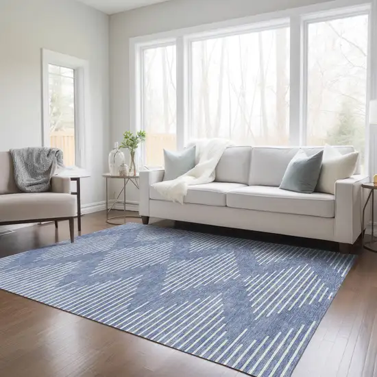 Denim Blue And Ivory Geometric Washable Indoor Outdoor Area Rug Photo 9