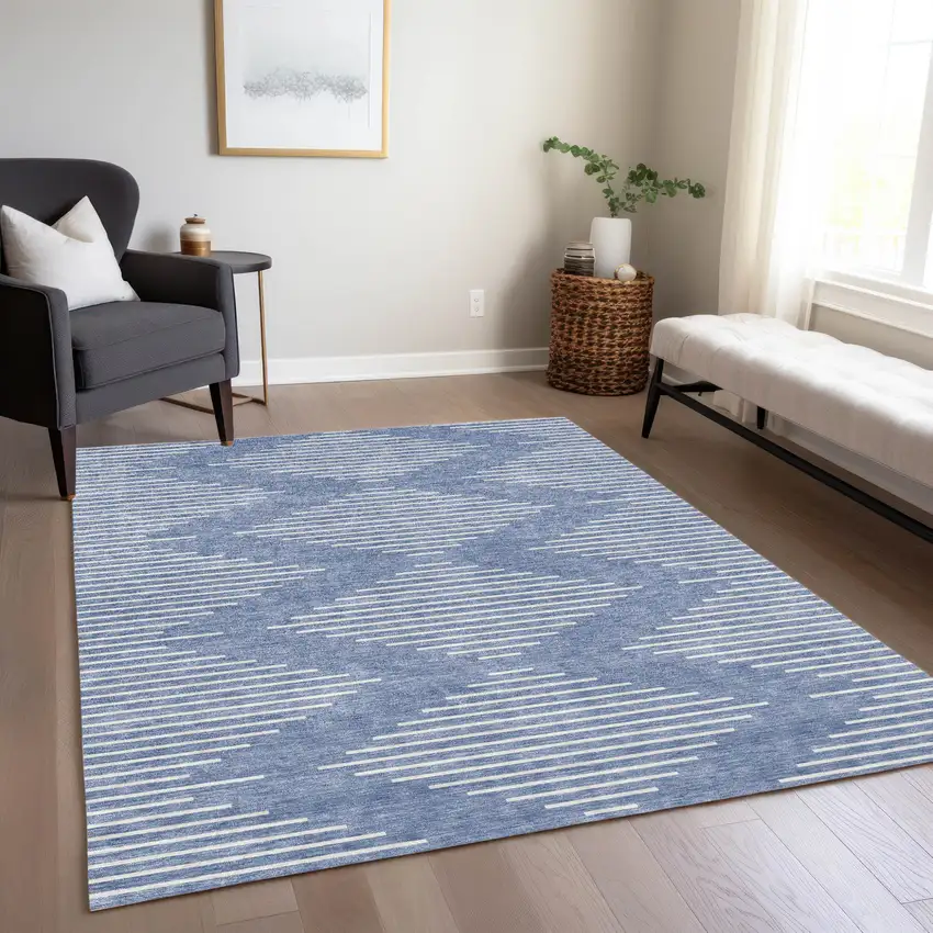 Denim Blue And Ivory Geometric Washable Indoor Outdoor Area Rug Photo 8