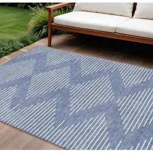 Photo of Denim Blue And Ivory Geometric Washable Indoor Outdoor Area Rug