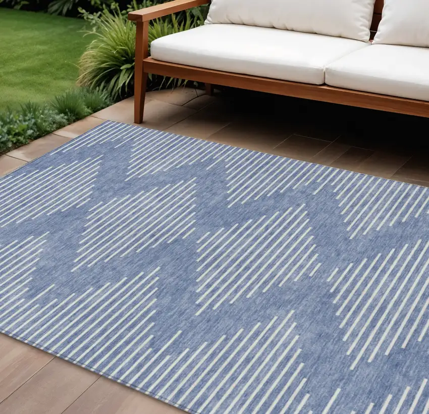 Denim Blue And Ivory Geometric Washable Indoor Outdoor Area Rug Photo 1