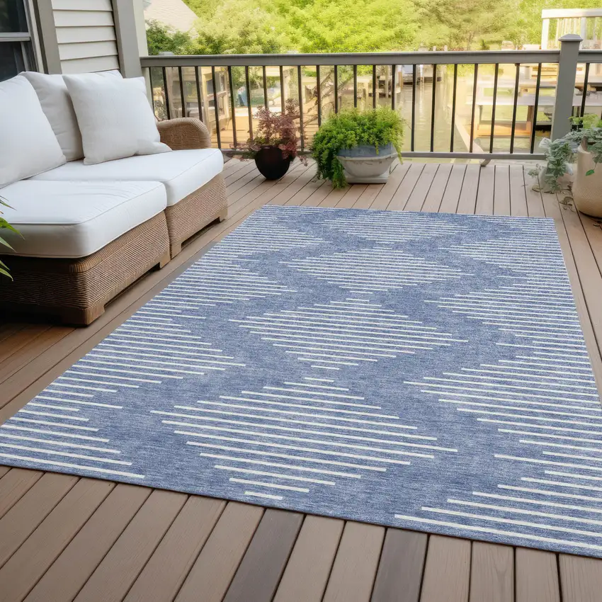 Denim Blue And Ivory Geometric Washable Indoor Outdoor Area Rug Photo 7