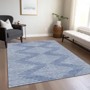 Photo of Denim Blue And Ivory Geometric Washable Indoor Outdoor Area Rug