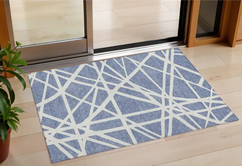Denim Blue And Ivory Geometric Washable Indoor Outdoor Area Rug Photo 1