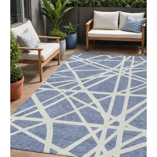Denim Blue And Ivory Geometric Washable Indoor Outdoor Area Rug Photo 1