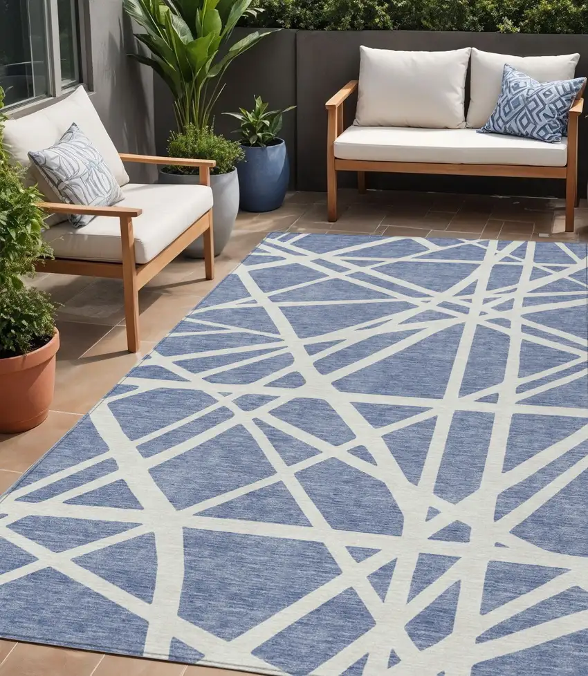 Denim Blue And Ivory Geometric Washable Indoor Outdoor Area Rug Photo 1