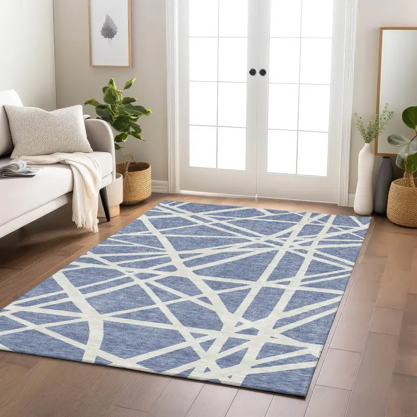 Denim Blue And Ivory Geometric Washable Indoor Outdoor Area Rug Photo 9