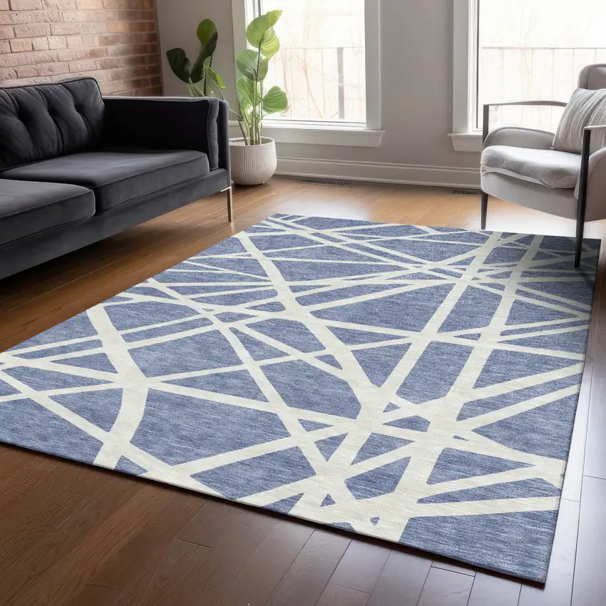 Denim Blue And Ivory Geometric Washable Indoor Outdoor Area Rug Photo 9