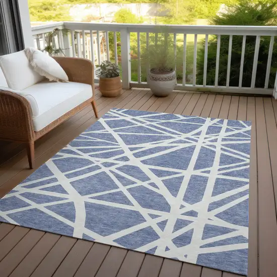 Denim Blue And Ivory Geometric Washable Indoor Outdoor Area Rug Photo 8