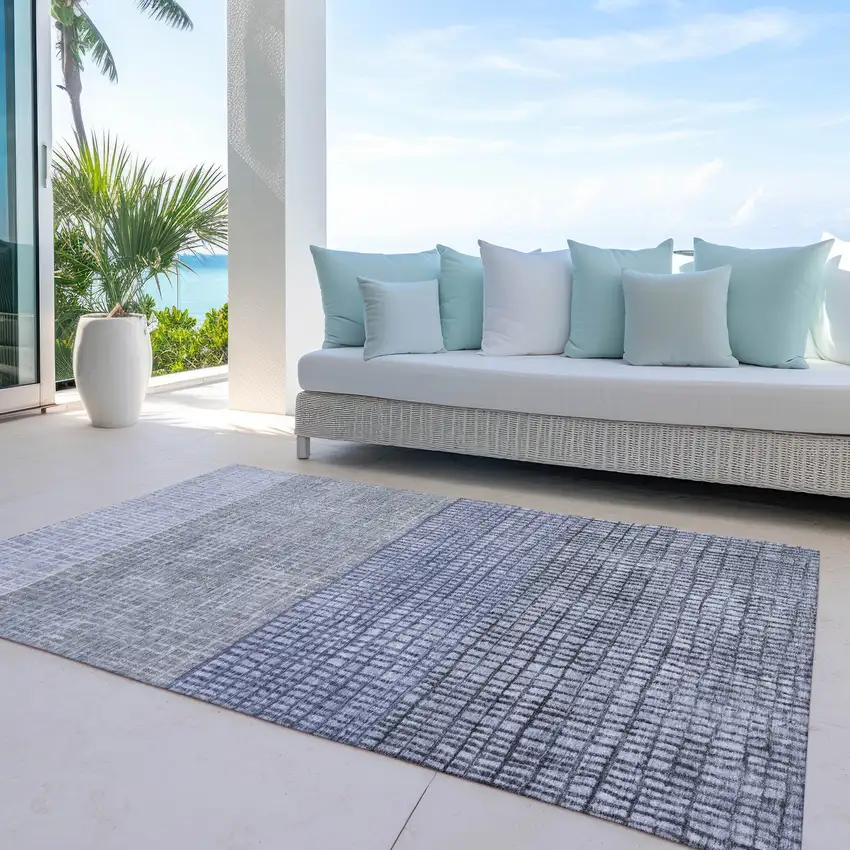 Denim Blue And Ivory Geometric Washable Indoor Outdoor Area Rug Photo 5