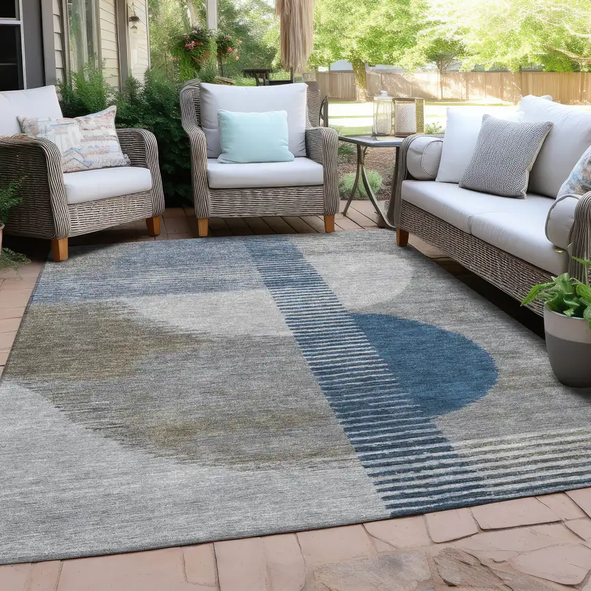 Denim Blue And Ivory Geometric Washable Indoor Outdoor Area Rug Photo 5
