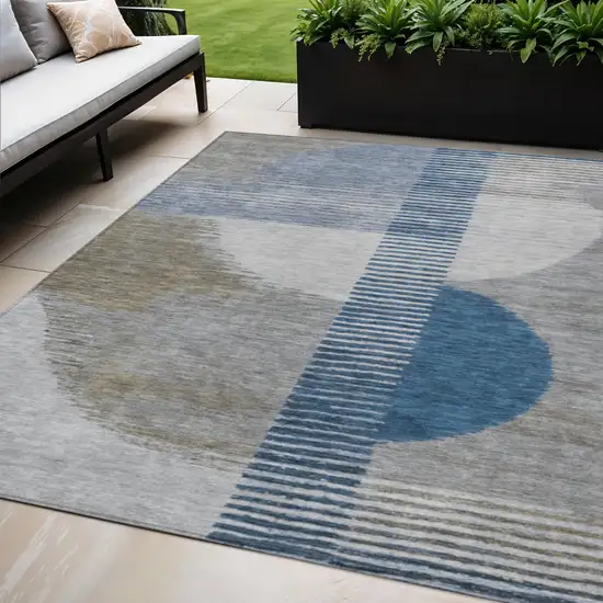 Denim Blue And Ivory Geometric Washable Indoor Outdoor Area Rug Photo 2