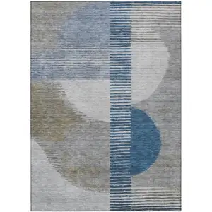 Photo of Denim Blue And Ivory Geometric Washable Indoor Outdoor Area Rug