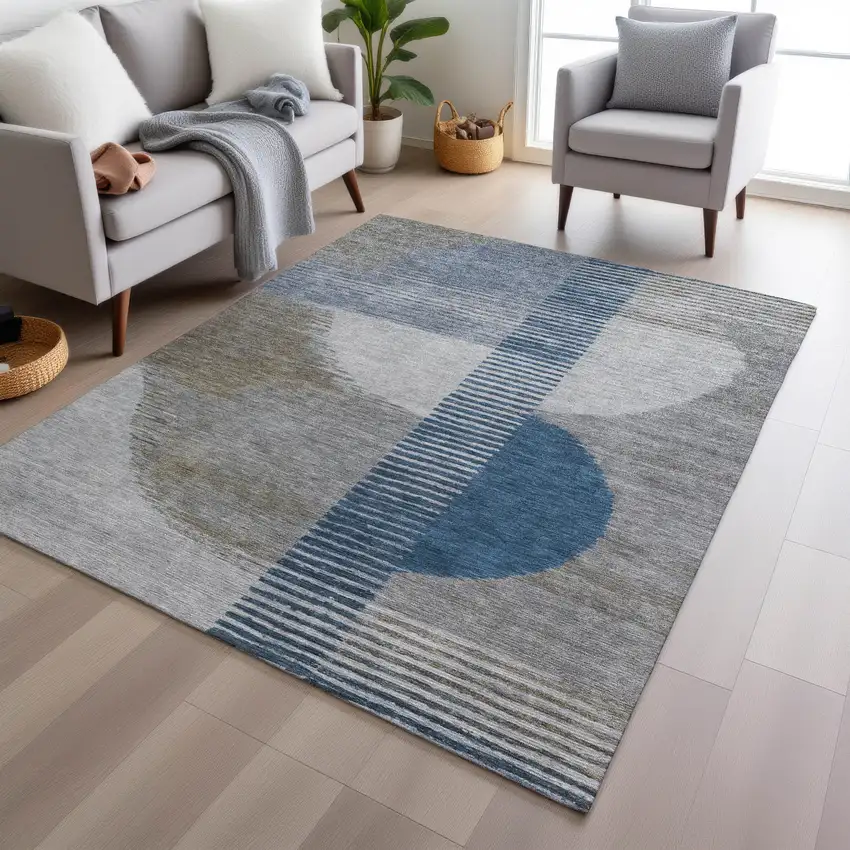 Denim Blue And Ivory Geometric Washable Indoor Outdoor Area Rug Photo 7