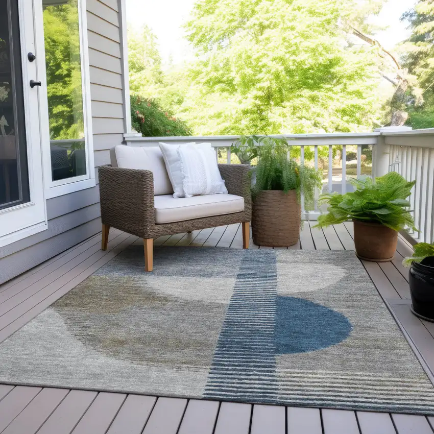 Denim Blue And Ivory Geometric Washable Indoor Outdoor Area Rug Photo 9