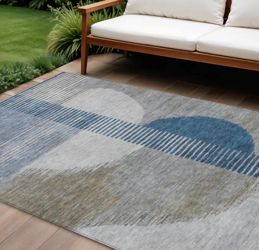 Denim Blue And Ivory Geometric Washable Indoor Outdoor Area Rug Photo 2